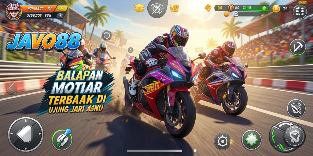 Screenshot dari gameplay seru JAVO88, menampilkan balapan motor yang mendebarkan.