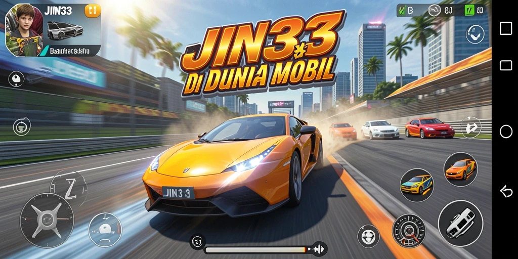 Tangkapan layar gameplay JIN33 yang menunjukkan aksi balapan yang mendebarkan.