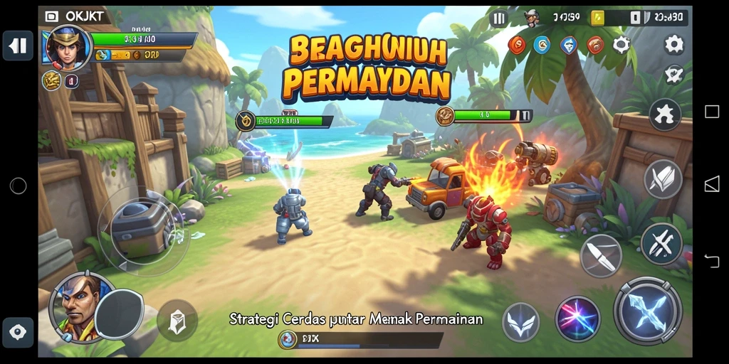 Screenshot utama OKJKT menunjukkan aksi pertempuran strategi yang mendebarkan.