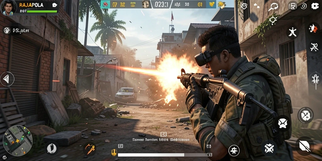 Tampilan gameplay seru dalam RAJAPOLA dengan aksi tembak-menembak intens.