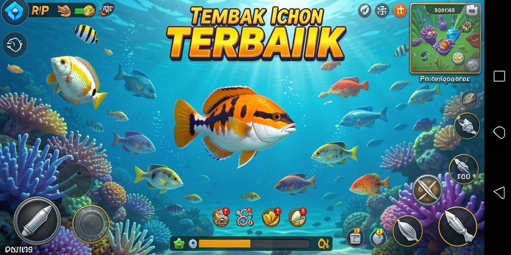 Tampilan screenshot utama menunjukkan aksi seru dalam Tembak Ikan.